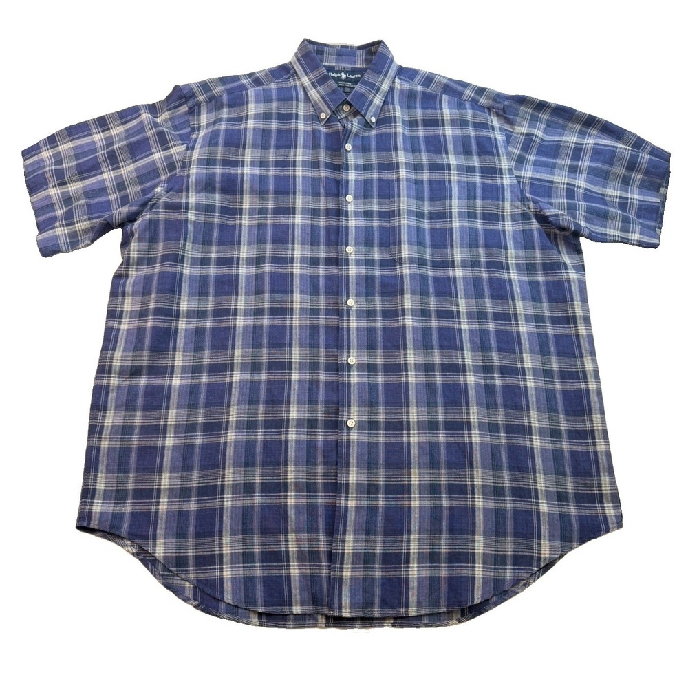 Polo Ralph Lauren Marlowe Men's XL Linen Cotton Plaid Shirt Blue Vintage 90s